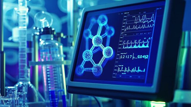 A detailed closeup of a particle size analyzer screen showing realtime data of aerosolized particles in the respirable range surrounded by scientific instruments and a journal open