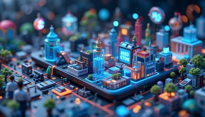 Obraz premium miniature advanced city on smartphone screen with neon lights and details
