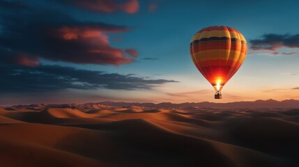Obraz premium Colorful Hot Air Balloon Over Majestic Desert Dunes During Dramatic Sunset Lighting