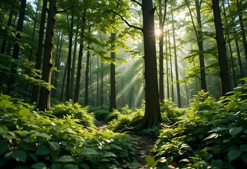 sun rays shining through tall trees in peaceful green forest path