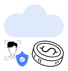 Cloud icon, user facial recognition, security badge with checkmark, and coin. Ideal for data security, cloud solutions, user authentication, finance management, technology services privacy