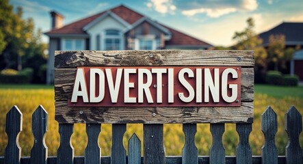 Fototapeta premium advertising lettering on sign at fence with house background