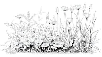 Detailed Black And White Botanical Line Drawing