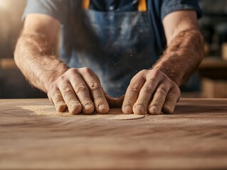 Woodworker's hands covered in sawdust
