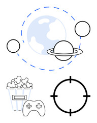 Obraz premium Planetary system with rings around planet, popcorn bucket, game controller, and crosshair target. Ideal for gaming, entertainment, astronomy, movie night targeting media fun activities. Line