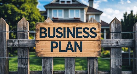 Obraz premium business plan lettering on sign at fence with house background