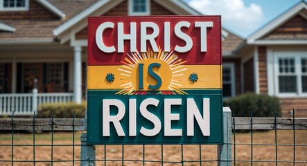 Obraz premium christ is risen lettering on sign at fence with house background