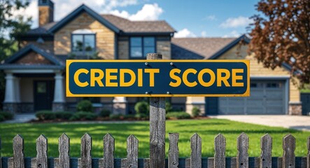 Credit score lettering on sign at fence with house background