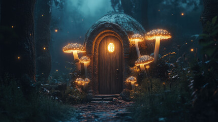 Obraz premium Magical Mushroom House in an Enchanted Forest at Night with Glowing Lanterns and Fireflies