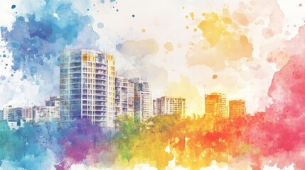 Abstract watercolor cityscape, art style, buildings, vibrant colors, creative expression