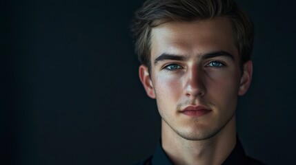 Obraz premium Serious Young Man's Intense Portrait on Dark Background