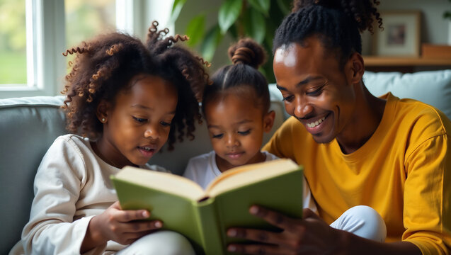 A family reading together, with a focus on the shared experience of learning and storytelling.