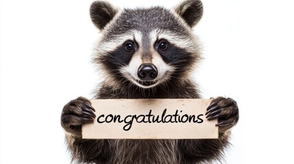Obraz premium Raccoon Holding Congratulations Sign: Cute Pet Announcement