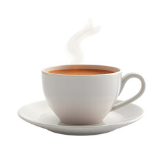 A Fluffy 3D Cartoon Coffee Cup with Glowing Steam and White Saucer Isolated on Transparent Background