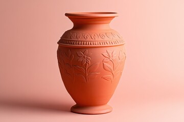 Handcrafted Terracotta Vase with Floral Relief Design on Soft Pink Background
