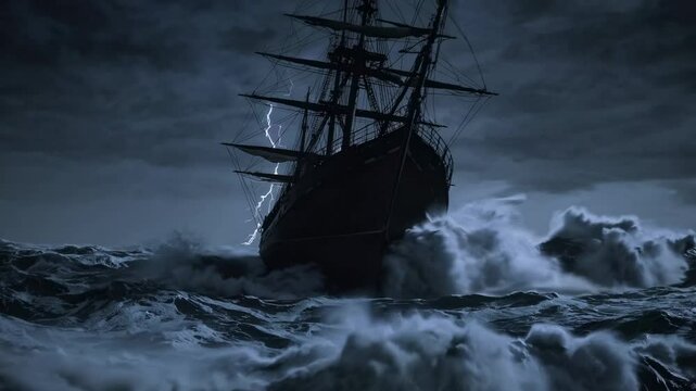 Dramatic video scene of a ship battling stormy seas under a dark, cloudy sky. Low-angle shot enhances the ominous, adventurous atmosphere.