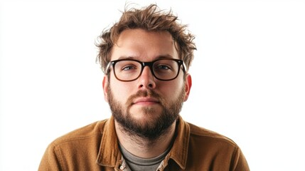 Thoughtful man with glasses wearing a brown shirt