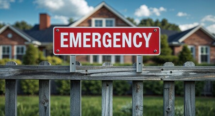 Obraz premium emergency lettering on sign at fence with house background