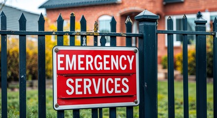 Emergency Services lettering on sign at fence with house background