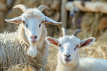 Premium Quality Visual of Rural Life Concept with White Goat and Sheep