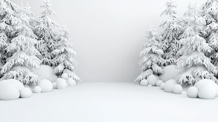 Fototapeta premium Snowy forest interior scene, white trees, smooth stones, winter wonderland, 3D model, empty space, background design