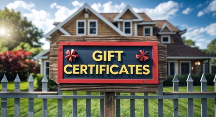 Gift certificates lettering on sign at fence with house background