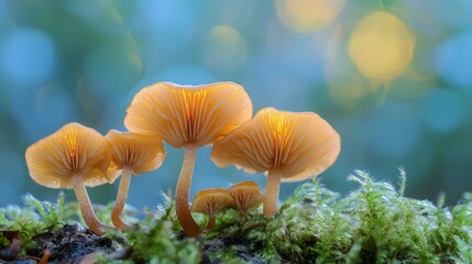 Golden Mushrooms Growing on Moss