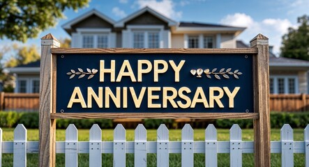 happy anniversary lettering on sign at fence with house background