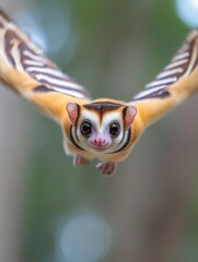 Obraz premium Flying Squirrel Gliding Gracefully Through Lush Forest Canopy Under Bright Blue Sky