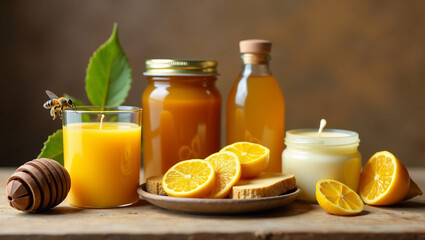 An image showcasing various products made from beeswax and honey, highlighting the usefulness of bee products.