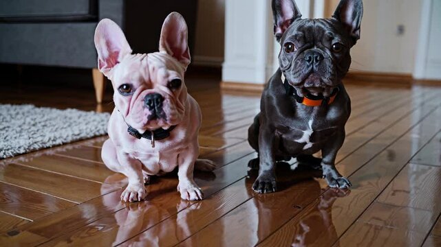 Video captures two French Bulldogs sitting on a wooden floor, eye-level angle, natural light, showcasing a cozy home atmosphere.