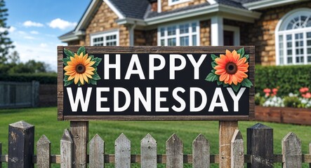 Fototapeta premium happy Wednesday lettering on sign at fence with house background