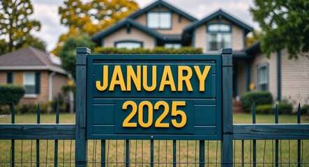 january 2025 lettering on sign at fence with house background