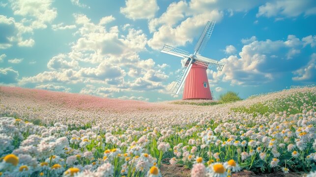 Vintage wooden windmill with beautiful colorful wild flowers in Spring.