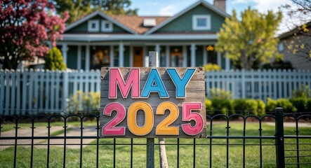 may 2025 lettering on sign at fence with house background