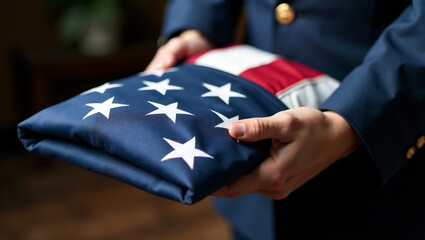 A folded American flag presented to a family member of a fallen soldier, symbolizing the nation's gratitude.