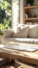 Fototapeta premium Indoor wooden table and plant poster background with Generative