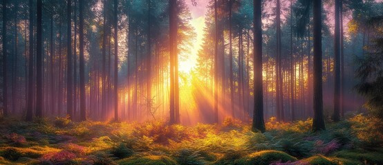 Obraz premium Magical Woodland at Dawn with Ethereal Light and Vibrant Colors