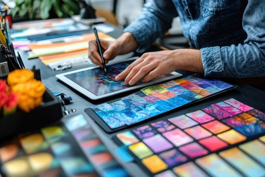 Creative Graphic Designers Collaborating on Color Selection and Drawing on Tablet in Vibrant Modern Workspace