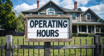 Obraz premium operating hours lettering on sign at fence with house background