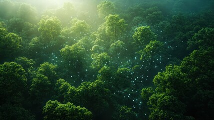 Obraz premium Aerial View of Lush Green Forest with Digital Icons Symbolizing Sustainability and Environmental Conservation for a Greener Future