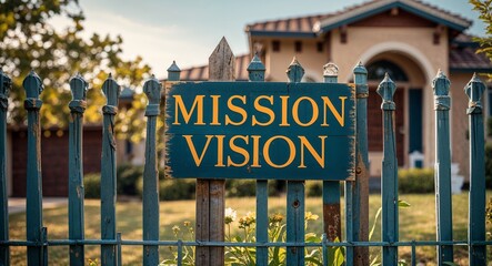 mission vision lettering on sign at fence with house background