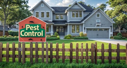 Pest Control lettering on sign at fence with house background