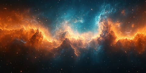 Fototapeta premium Vibrant Cosmic Nebula Digital Surrealism Teal Orange Swirling Patterns Ambient Lighting Space Background