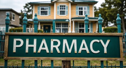 Obraz premium Pharmacy lettering on sign at fence with house background
