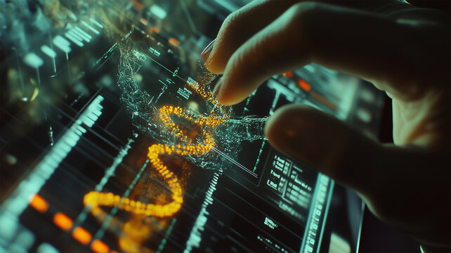 CRISPRツールでDNA編集を行う科学者の手元、遺伝子工学の未来を象徴するシーン