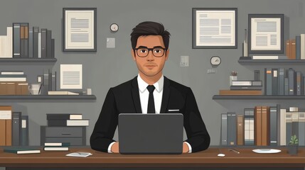 Professional Male Worker in Modern Office with Sleek Flat Design