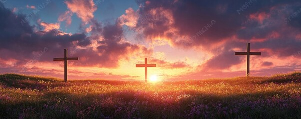 Easter Sunrise with Three Wooden Crosses in Serene Landscape Reflecting Resurrection and Redemption