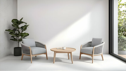 Bright Minimalist Living Room with Gray Armchairs and Wooden Coffee Table