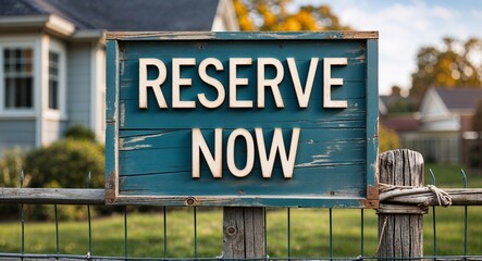 Reserve now lettering on sign at fence with house background